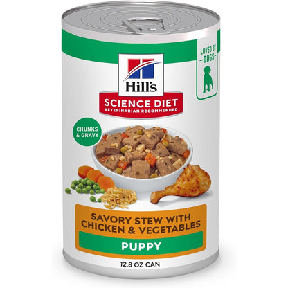 Hill's Science Diet Puppy Savory Stew Wet Dog Food Chicken And Vegetables Premium Growth Nutrition 12.8 Ounce Cans 12 Pack Balanced Formula