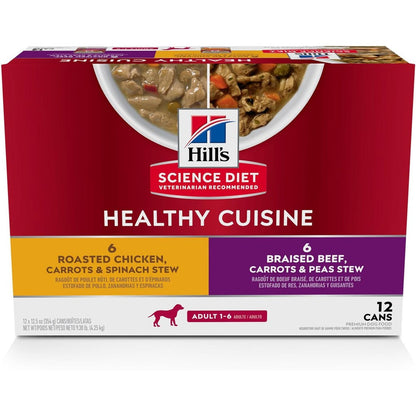 Hill's Science Diet Adult 1-6 Healthy Cuisine Wet Dog Food Variety Pack Roasted Chicken And Braised Beef Stew 12.5 Ounce Cans 12-Pack