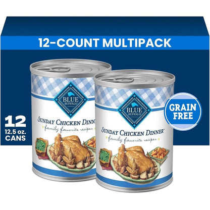 Blue Buffalo Family Favorite Recipes Sunday Chicken Dinner In Gravy Grain Free Natural Wet Dog Food Adult Dogs Twelve Point Five Ounce Twelve Count
