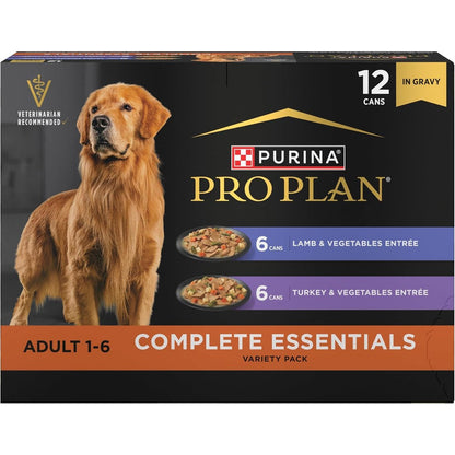 Purina Pro Plan Complete Essentials Wet Dog Food Variety Pack Lamb And Turkey In Gravy Twelve Cans Total Thirteen Ounces Each