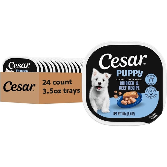 Cesar Canine Cuisine Puppy Classic Loaf In Sauce Wet Dog Food Chicken And Beef Recipe Easy Peel Trays 3.5 Ounces Pack Of 24