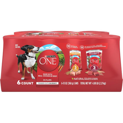 Purina ONE Tender Cuts In Gravy Chicken And Brown Rice And Beef And Barley Entrees Wet Dog Food Variety Pack Two Packs Of Six Thirteen Ounce Cans
