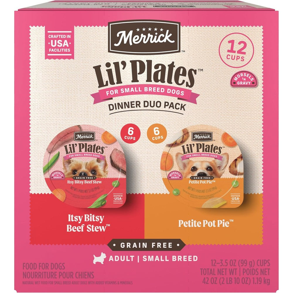 Merrick Lil Plates Grain Free Dinner Duos Soft Natural Wet Small Dog Food Variety Pack Beef And Chicken Pack Of Twelve Three Point Five Ounce Tubs