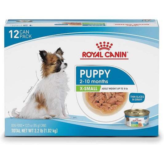 Royal Canin Size Health Nutrition X-Small Puppy Thin Slices In Gravy Wet Dog Food For Extra Small Breed Puppies Three Ounce Pack Of Twelve