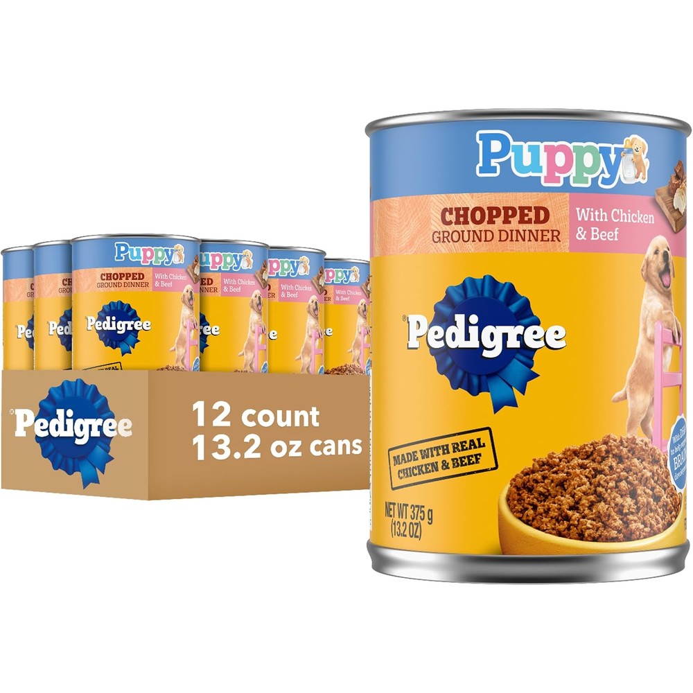 Pedigree Puppy Chopped Ground Dinner Wet Puppy Food With Chicken And Beef Canned Dog Food Real Meat Recipe 13.2 Ounce Cans 12 Count