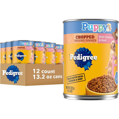 Pedigree Puppy Chopped Ground Dinner Wet Puppy Food With Chicken And Beef Canned Dog Food Real Meat Recipe 13.2 Ounce Cans 12 Count