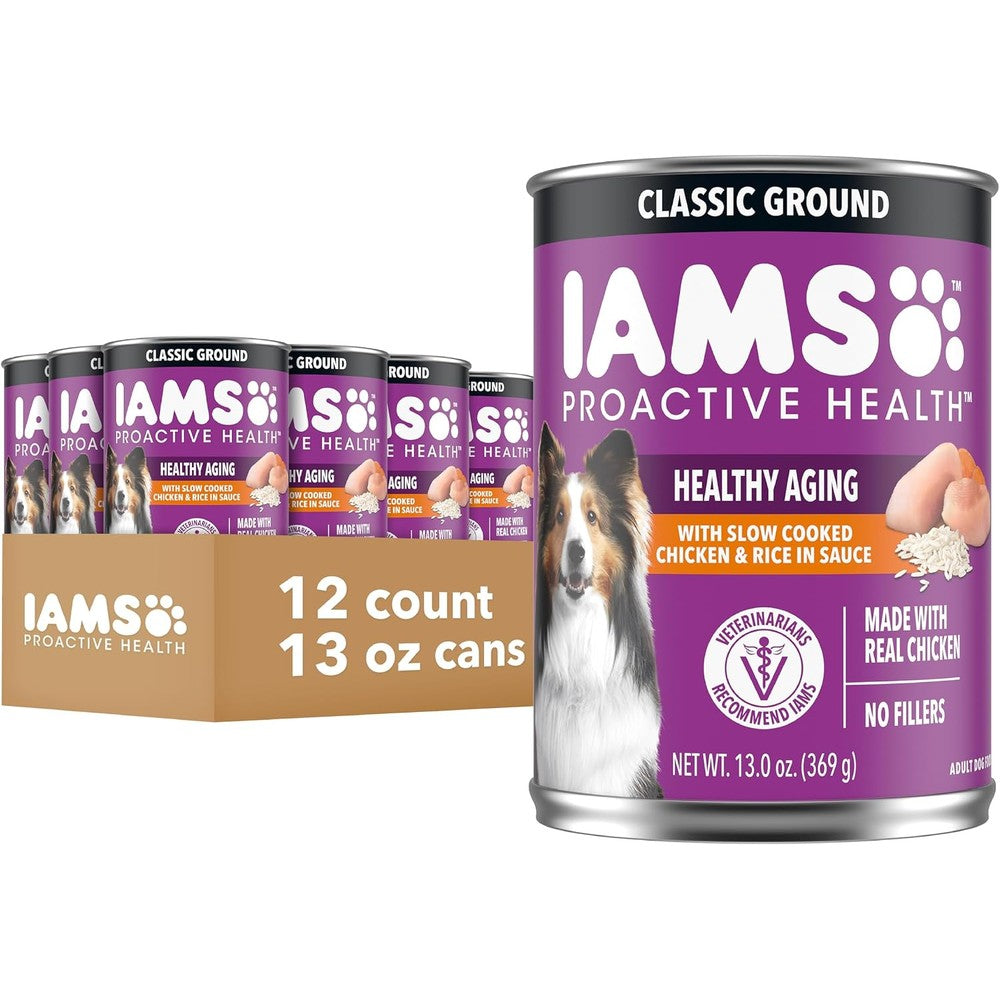 IAMS Proactive Health Healthy Aging Senior Wet Dog Food Classic Ground Slow Cooked Chicken And Rice Flavor Thirteen Ounce Cans Pack Of Twelve