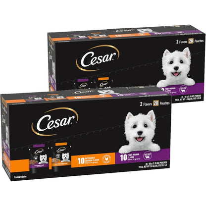 Cesar Filets In Gravy Wet Dog Food Filet Mignon And Rotisserie Chicken Flavor Variety Pack One Point Seven Six Ounce Pouches Forty Total Count
