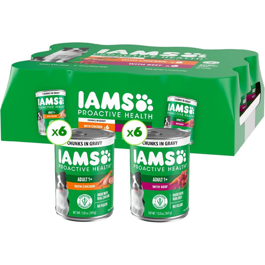 IAMS Proactive Health Adult Wet Dog Food Chicken and Beef Chunks in Gravy Premium Variety Pack Thirteen Ounce Cans Twelve Pack
