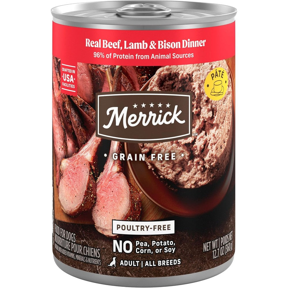 Merrick Grain Free Premium Canned Dog Food Poultry Free Wet Recipe Real Beef Lamb And Bison Dinner Twelve Point Seven Ounce Twelve Pack