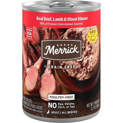 Merrick Grain Free Premium Canned Dog Food Poultry Free Wet Recipe Real Beef Lamb And Bison Dinner Twelve Point Seven Ounce Twelve Pack