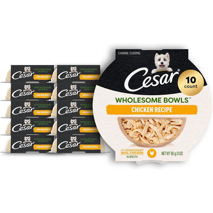 Cesar Wholesome Bowls Adult Soft Wet Dog Food Premium Meals Chicken Recipe Three Ounce Ready To Serve Bowls Ten Count Pack