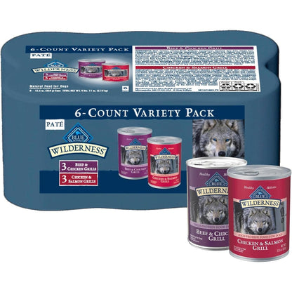 Blue Buffalo Wilderness Adult Wet Dog Food Variety Pack Grain Free High Protein Beef Chicken Salmon Twelve Point Five Ounce Six Cans