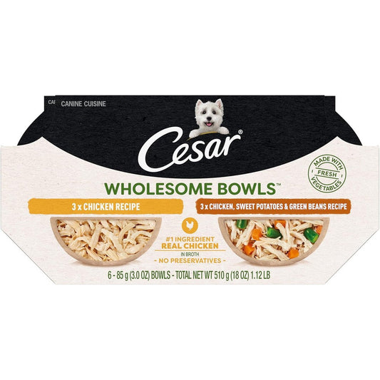 Cesar Wholesome Bowls Adult Wet Dog Food Variety Pack Chicken Recipe and Chicken Sweet Potatoes and Green Beans Three Ounce Bowls Six Count