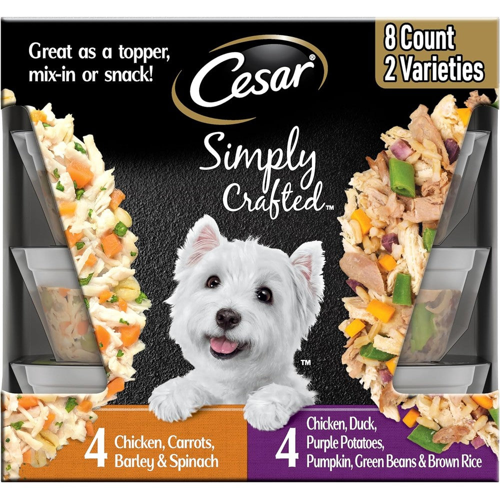 Cesar Simply Crafted Wet Dog Food Toppers Variety Pack Chicken Duck Purple Potatoes And Chicken Carrots Spinach Eight Tubs One Point Three Ounce