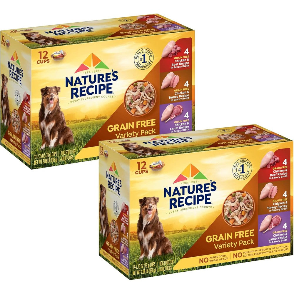Nature's Recipe Grain Free Wet Dog Food Variety Pack Chicken Recipes With Beef Turkey And Lamb In Savory Broth Two Point Seventy Five Ounce Cups Tw...