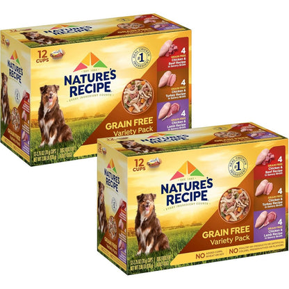Nature's Recipe Grain Free Wet Dog Food Variety Pack Chicken Recipes With Beef Turkey And Lamb In Savory Broth Two Point Seventy Five Ounce Cups Tw...