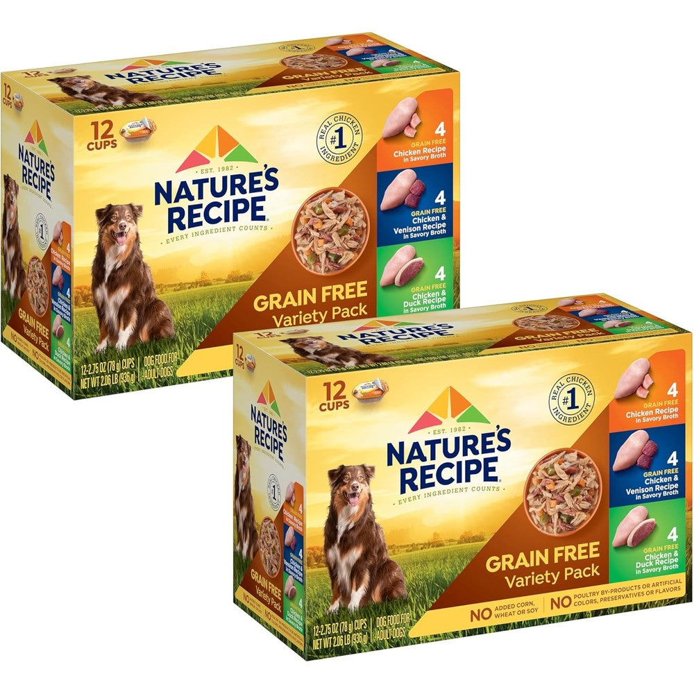 Nature's Recipe Grain Free Chicken Venison And Duck Recipe In Savory Broth Variety Pack Wet Dog Food Twenty Four Two Point Seventy Five Ounce Cups