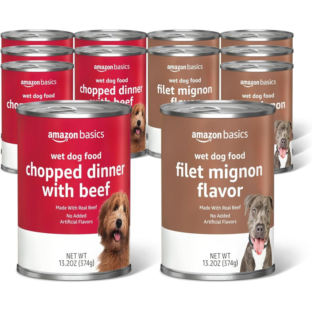 Amazon Basics Chopped Ground Dinner Wet Dog Food Variety Pack Filet Mignon Flavor And With Beef Thirteen Point Two Ounce Cans Pack Of Twelve