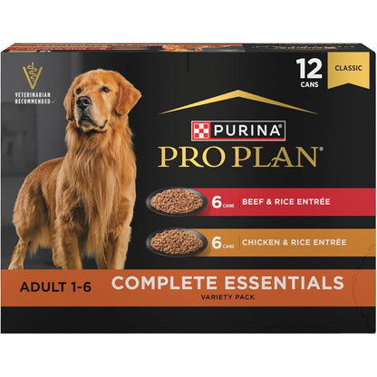 Purina Pro Plan Complete Essentials Adult Wet Dog Food High Protein Beef And Chicken Rice Entree Variety Pack Twelve Cans Thirteen Ounces Each