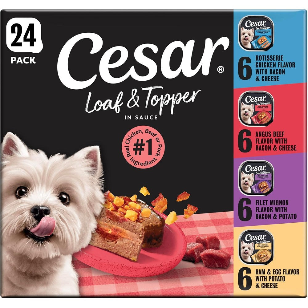 Cesar Loaf In Sauce Wet Dog Food Variety Pack Rotisserie Chicken Filet Mignon Angus Beef Ham And Egg Flavors Three Point Five Ounce Twenty Four Count