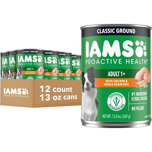 IAMS Proactive Health Adult Wet Dog Food Classic Ground Dinner Savory PatÃ© With Chicken And Whole Grain Rice 13 Ounce Cans Pack Of 12