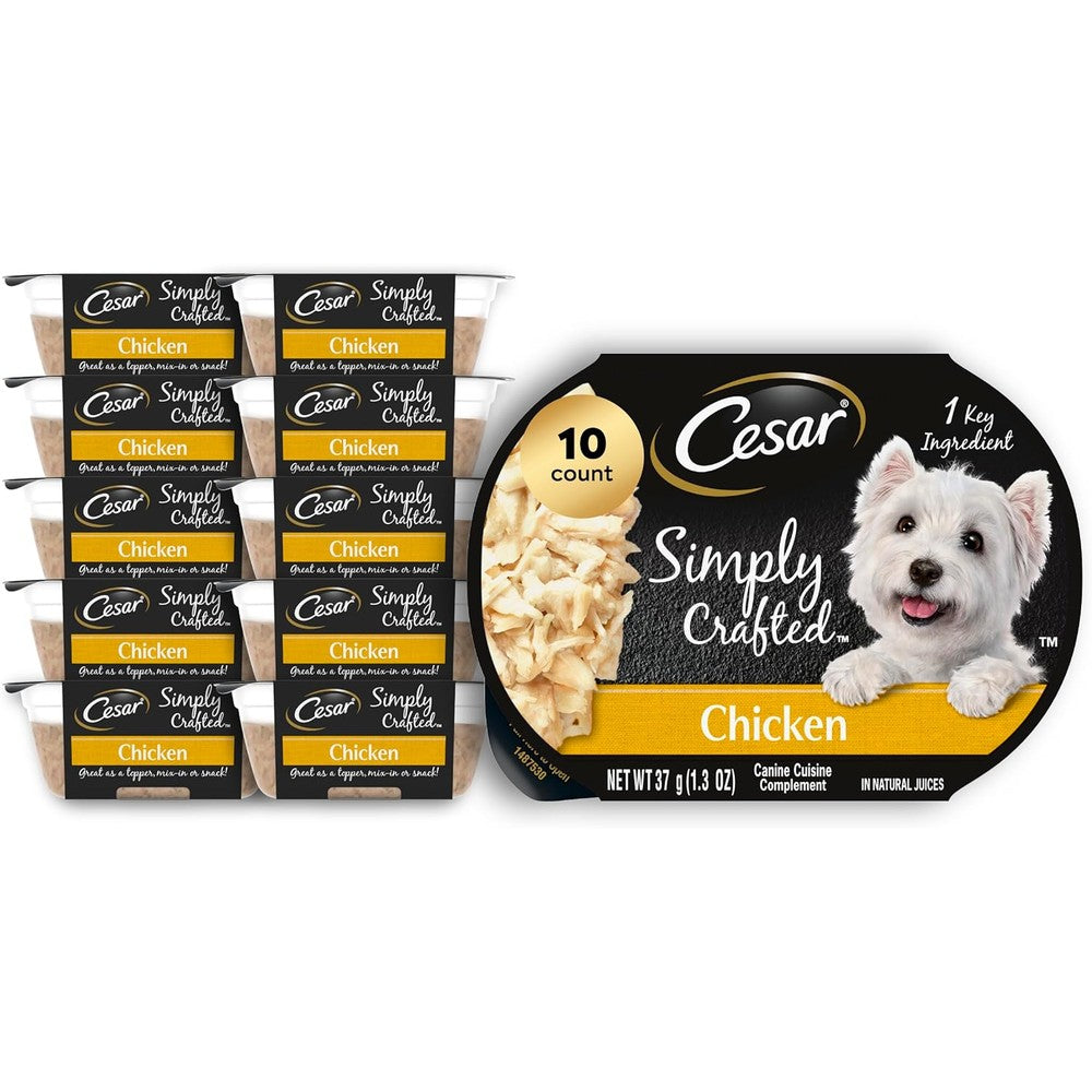 Cesar Simply Crafted Adult Wet Dog Food Toppers Natural Gourmet Meal Complement Mixer Chicken Flavor 1.3 Ounce Tubs 10 Count Pack