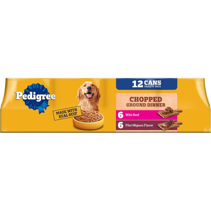 Pedigree Chopped Ground Dinner Adult Wet Dog Food Filet Mignon And Beef Variety Pack Twelve Count Cans Containing Twelve Point Two Ounces Each