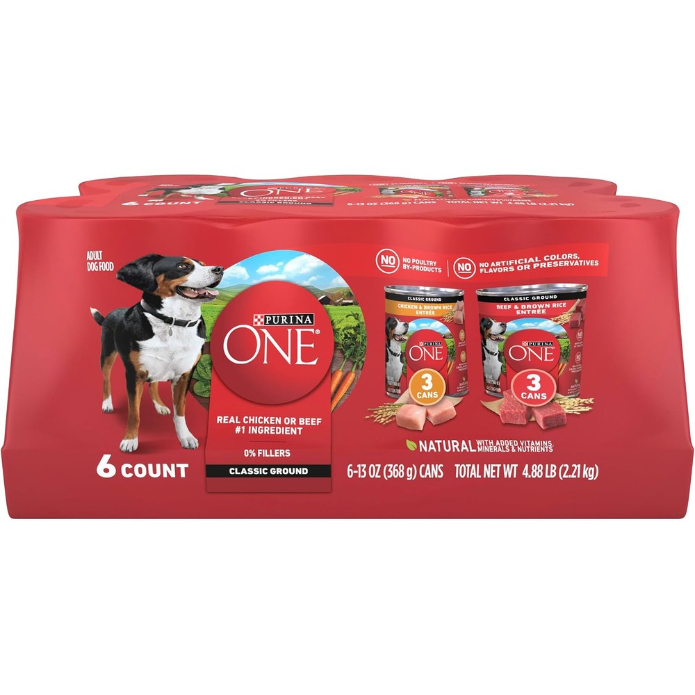Purina ONE Classic Ground Wet Dog Food Variety Pack Chicken And Brown Rice And Beef And Brown Rice Entrees Adult Dog Food 13 Ounce Cans Pack Of 6