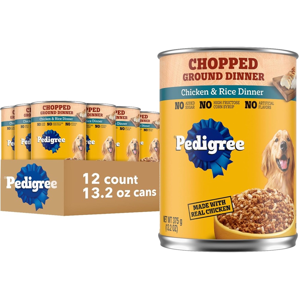 Pedigree Chopped Ground Dinner Adult Soft Wet Dog Food Chicken And Rice Dinner Balanced Formula Canned Dog Food 13.2 Ounce Cans 12 Count