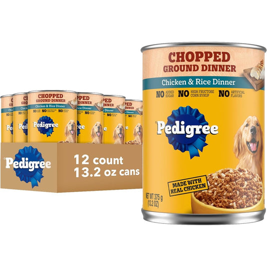 Pedigree Chopped Ground Dinner Adult Soft Wet Dog Food Chicken And Rice Dinner Balanced Formula Canned Dog Food 13.2 Ounce Cans 12 Count