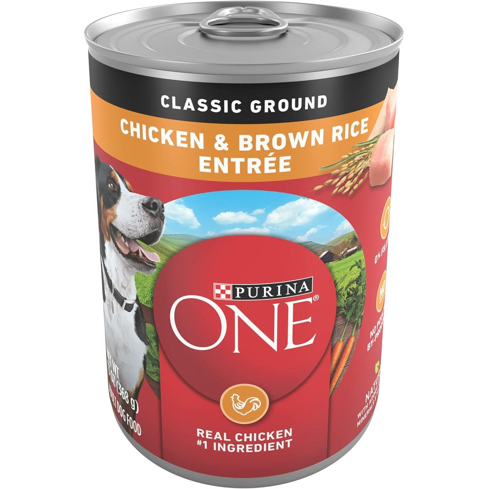 Purina ONE Classic Ground Chicken And Brown Rice Entree Adult Wet Dog Food High Protein Healthy Pate Thirteen Ounce Cans Pack Of Twelve