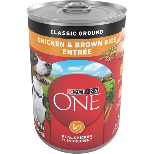 Purina ONE Classic Ground Chicken And Brown Rice Entree Adult Wet Dog Food High Protein Healthy Pate Thirteen Ounce Cans Pack Of Twelve