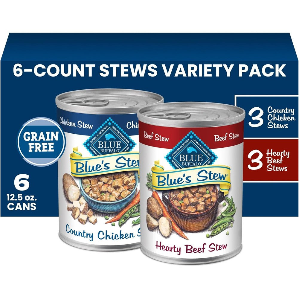 Blue Buffalo Blue's Stew Grain Free Adult Wet Dog Food Variety Pack Hearty Beef And Country Chicken Twelve Point Five Ounce Cans Six Count