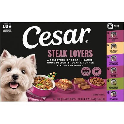 Cesar Gourmet Adult Wet Dog Food Steak Lovers Variety Pack With Real Meat Thirty Six Count Three Point Five Ounce Trays