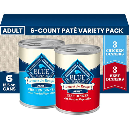 Blue Buffalo Homestyle Recipe Wet Dog Food PatÃ© Variety Pack Chicken Dinner And Beef Dinner For Adult Dogs Twelve Point Five Ounce Cans Six Count