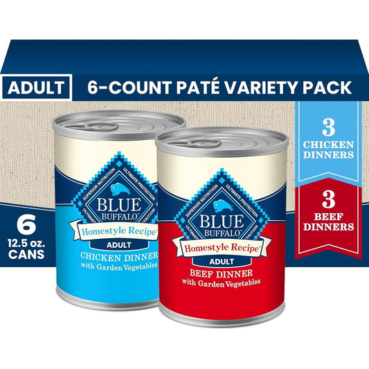 Blue Buffalo Homestyle Recipe Wet Dog Food PatÃ© Variety Pack Chicken Dinner And Beef Dinner For Adult Dogs Twelve Point Five Ounce Cans Six Count