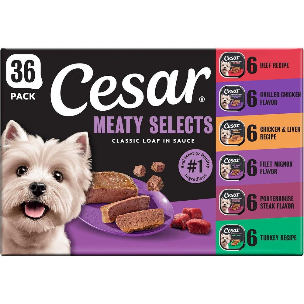 Cesar Classic Loaf In Sauce Adult Wet Dog Food Gourmet Variety Pack With Real Meat Easy Peel Trays Three Point Five Ounce Thirty Six Count