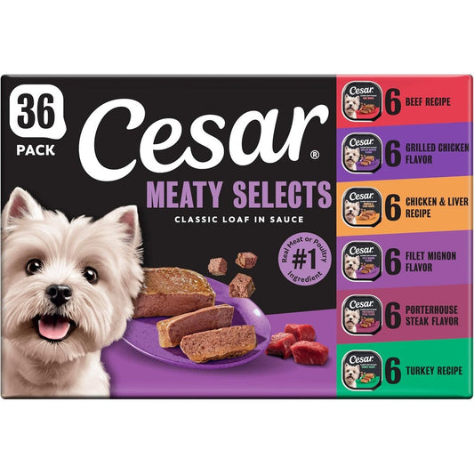 Cesar Classic Loaf In Sauce Adult Wet Dog Food Gourmet Variety Pack With Real Meat Easy Peel Trays Three Point Five Ounce Thirty Six Count