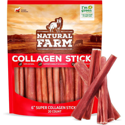 Natural Farm Odor Free Super Collagen Dog Chews Six Inch Twenty Pack One Hundred Percent Natural Angus Beef Hide Bully Stick Alternative Treats
