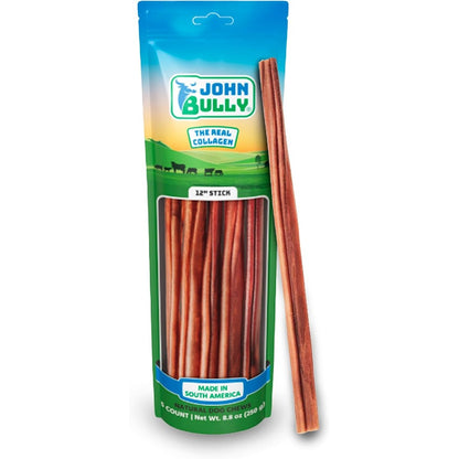 John Bully Collagen Stick Twelve Inch Five Pack All Natural Odor Free Premium Grade Quality High Protein Long Lasting Dog Chew Treat