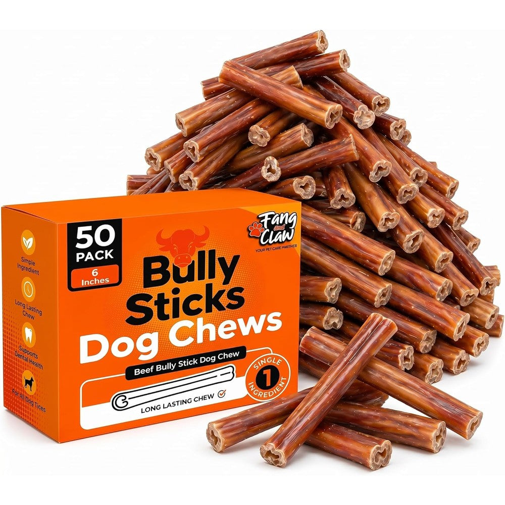 Fang And Claw Bully Sticks For Dogs Single Ingredient Beef Chews For Aggressive Chewers Rawhide Free Grain Free Six Inch Bulk Pack Fifty Count