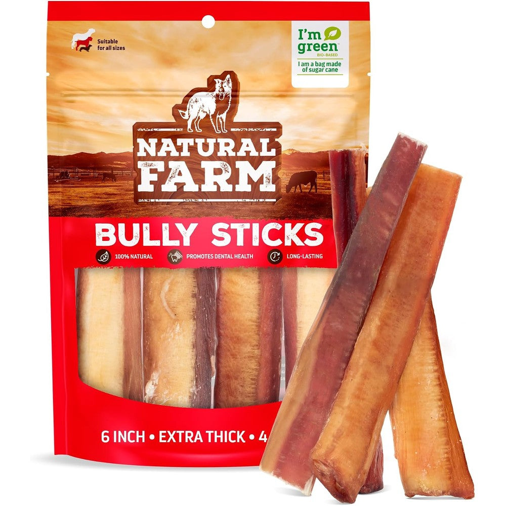 Natural Farm Jumbo Bully Sticks 6 Inch 4 Pack Odor Free Extra Thick Dog Chews Fully Digestible Beef Treats For Dental Health And Plaque Removal