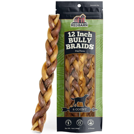 Redbarn Pet Products All Natural Twelve Inch Braided Bully Sticks For Dogs Premium Slow Roasted Long Lasting Beef Chew Treats Five Count