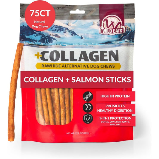 Wild Eats Salmon Collagen Sticks For Dogs Seventy Five Pack Zero Point Six Centimeter Wide Long Lasting Rawhide Free Healthy Dog Chews