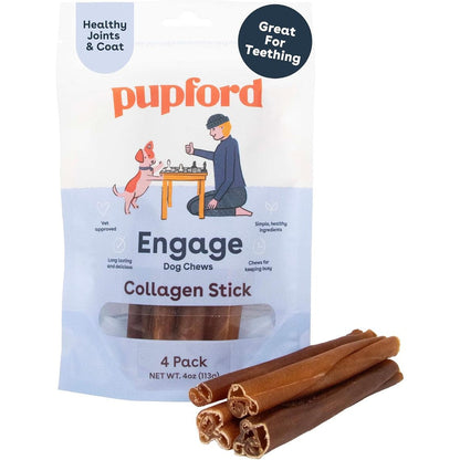 Pupford All Natural Collagen Stick Chews for Dogs and Puppies Healthy Bully Stick Alternative Long Lasting Rawhide Free Treats Six Inches Four Pack