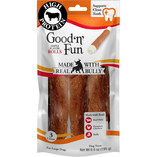 Good 'N' Fun Triple Flavor Rolls With Bully Chews High Protein Dog Treats For Large Adult Dogs Made With Real Beef Hide And Chicken 3 Count