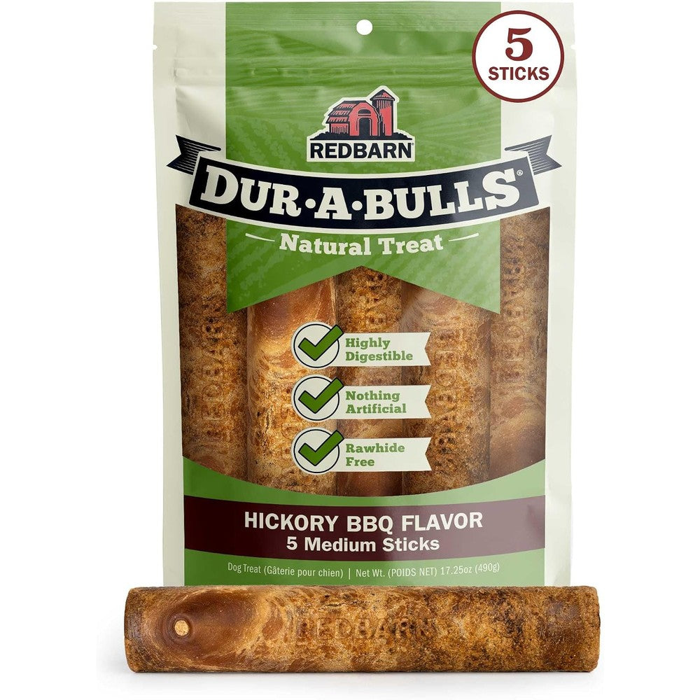 Redbarn Natural Dur-A-Bulls Dog Chew Treats Hickory BBQ Flavor Rawhide Free Long Lasting Highly Digestible Medium Sticks Five Count Pack
