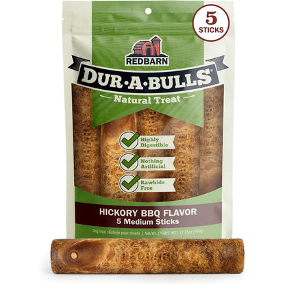 Redbarn Natural Dur-A-Bulls Dog Chew Treats Hickory BBQ Flavor Rawhide Free Long Lasting Highly Digestible Medium Sticks Five Count Pack