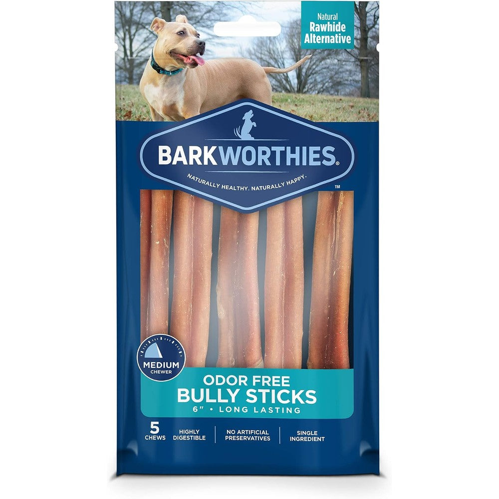 Barkworthies Odor-Free 6 Inch Bully Sticks Premium All Natural Highly Digestible Rawhide Alternative Dog Chew Treats For Medium Chewers 5 Count